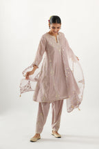 Lilac organza dupatta with heavy silk chanderi appliqué embroidery and gota flower detail.