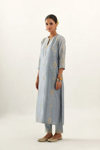 Blue silk chanderi straight kurta set, highlighted with gold zari and gota embroidery.