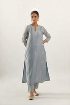 Blue silk chanderi straight kurta set, highlighted with gold zari and gota embroidery.