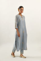Blue silk chanderi straight kurta set, highlighted with gold zari and gota embroidery.