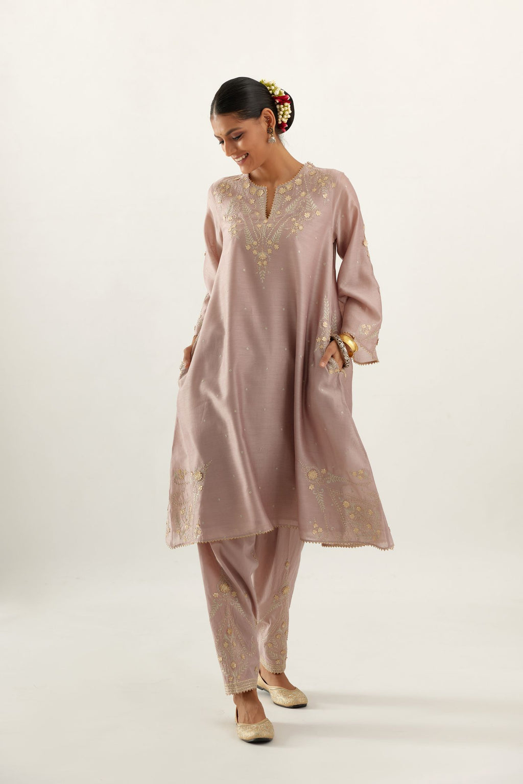 Lilac silk chanderi A-line kurta set, highlighted with gold gota flowers and zari embroidery.