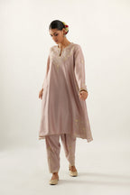 Lilac silk chanderi A-line kurta set, highlighted with gold gota flowers and zari embroidery.