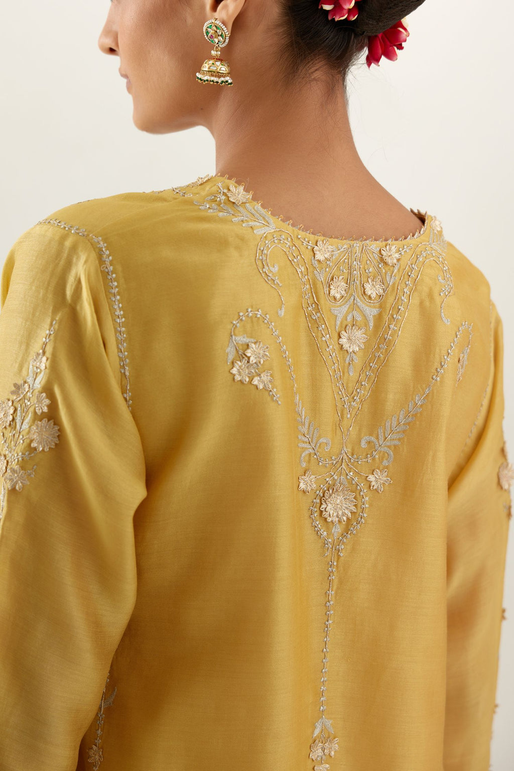 Yellow gold gota and zari embroidered easy fit short kalidar kurta set.