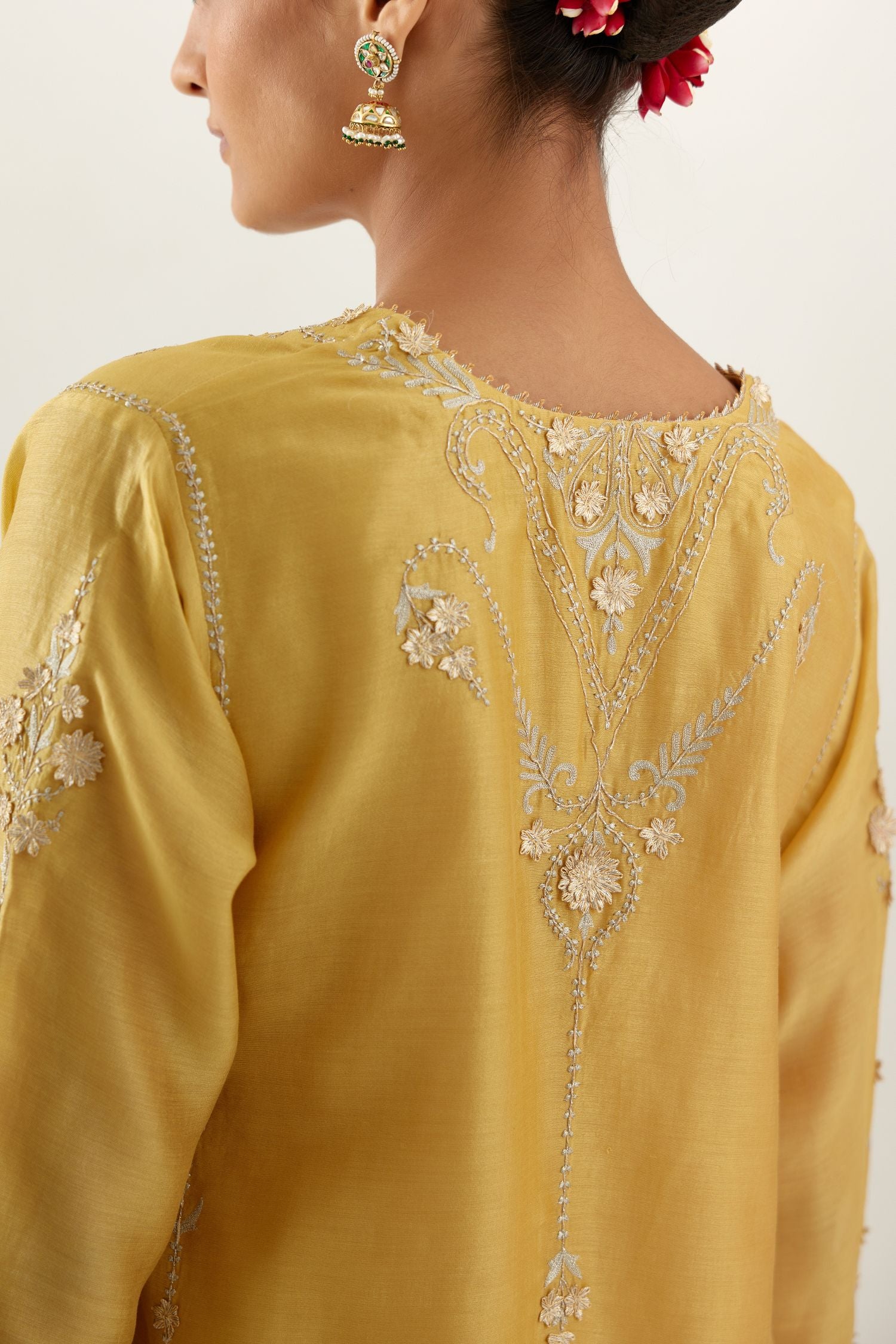 Yellow gold gota and zari embroidered easy fit short kalidar kurta set.