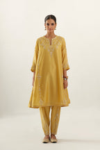 Yellow gold gota and zari embroidered easy fit short kalidar kurta set.
