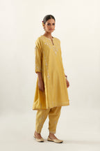 Yellow gold gota and zari embroidered easy fit short kalidar kurta set.