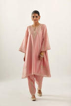Pink silk chanderi A-line kurta set, highlighted with gold gota flowers and zari embroidery.