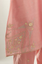 Pink silk chanderi A-line kurta set, highlighted with gold gota flowers and zari embroidery.