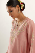 Pink silk chanderi A-line kurta set, highlighted with gold gota flowers and zari embroidery.