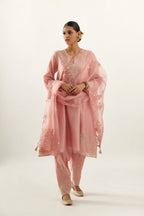 Pink organza dupatta with heavy silk chanderi appliqué embroidery and gota flower detail.