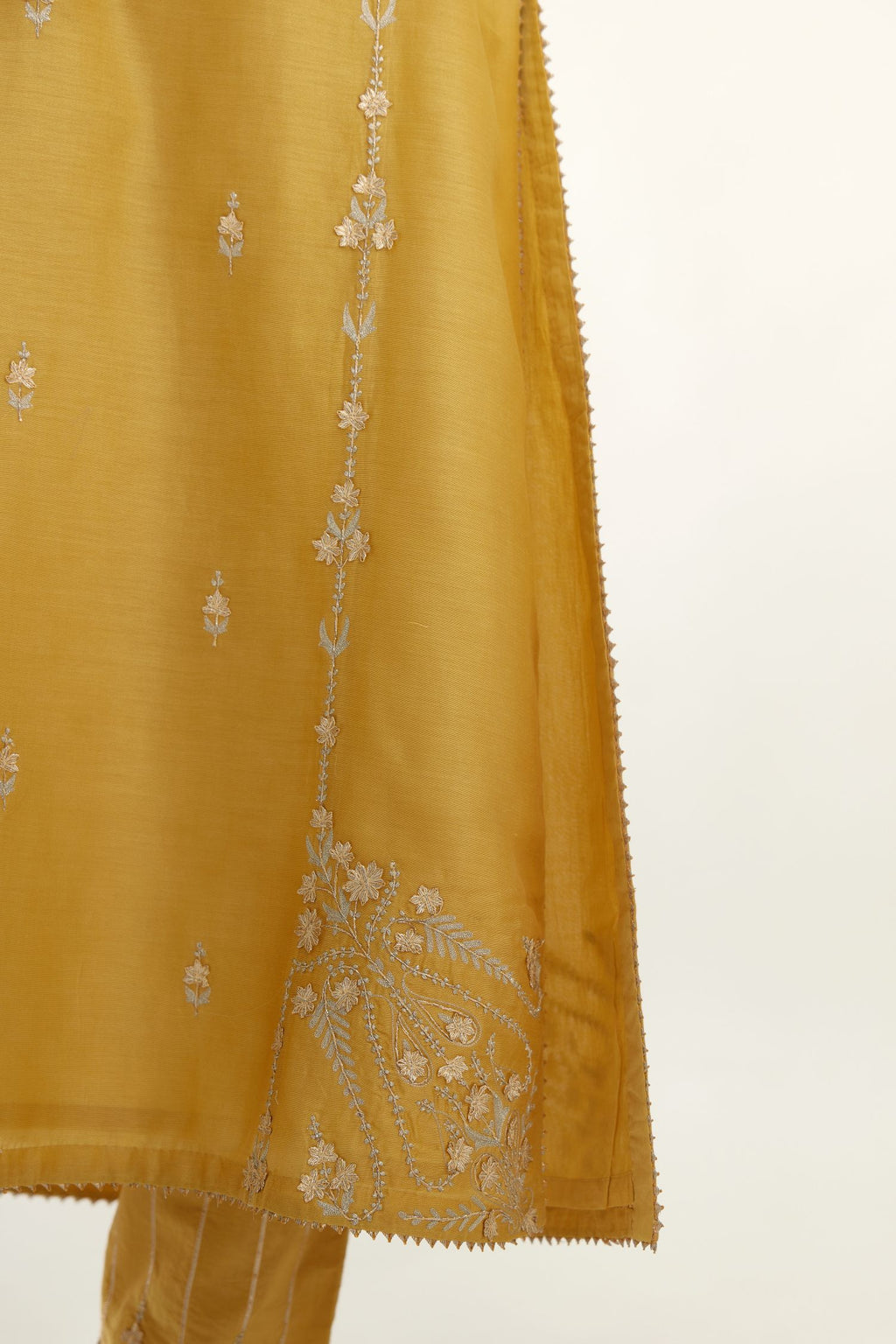 Yellow silk chanderi straight kurta set with button placket neckline, highlighted with all-over gold gota and zari embroidery.