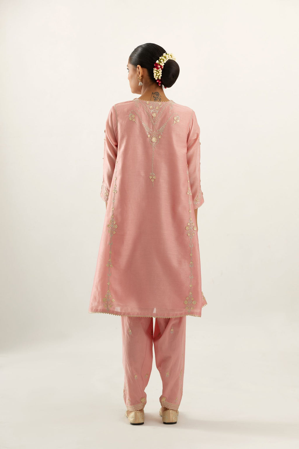 Pink gold gota and zari embroidered easy fit short kalidar kurta set