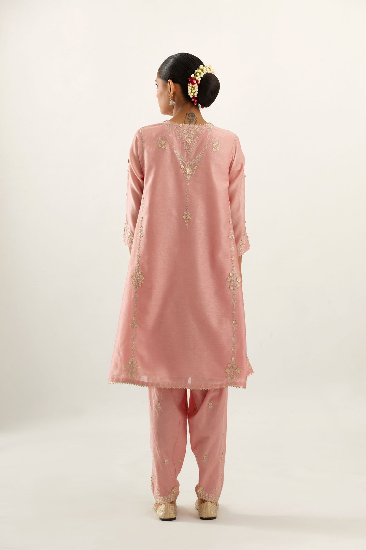 Pink gold gota and zari embroidered easy fit short kalidar kurta set