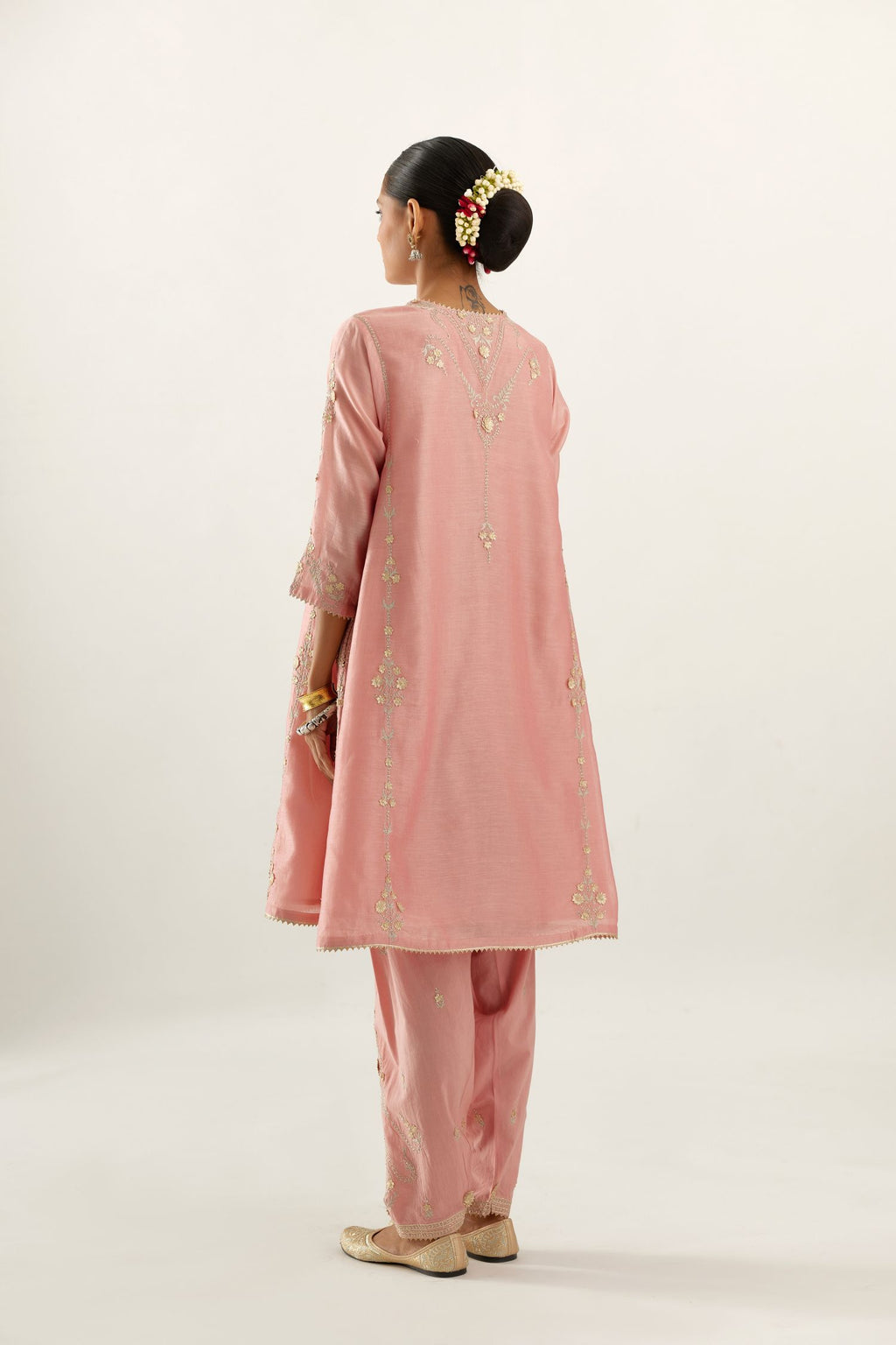 Pink gold gota and zari embroidered easy fit short kalidar kurta set