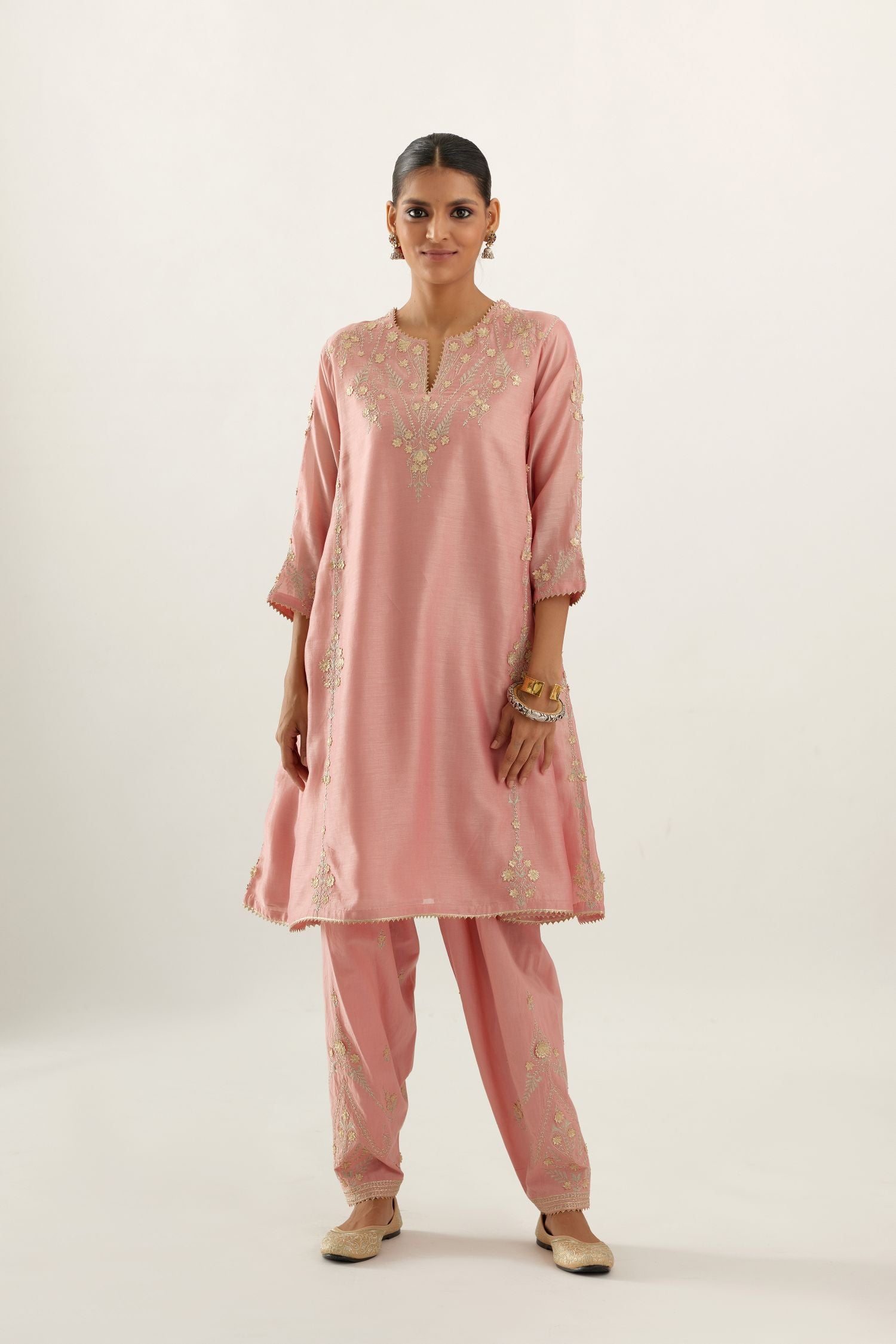 Pink gold gota and zari embroidered easy fit short kalidar kurta set
