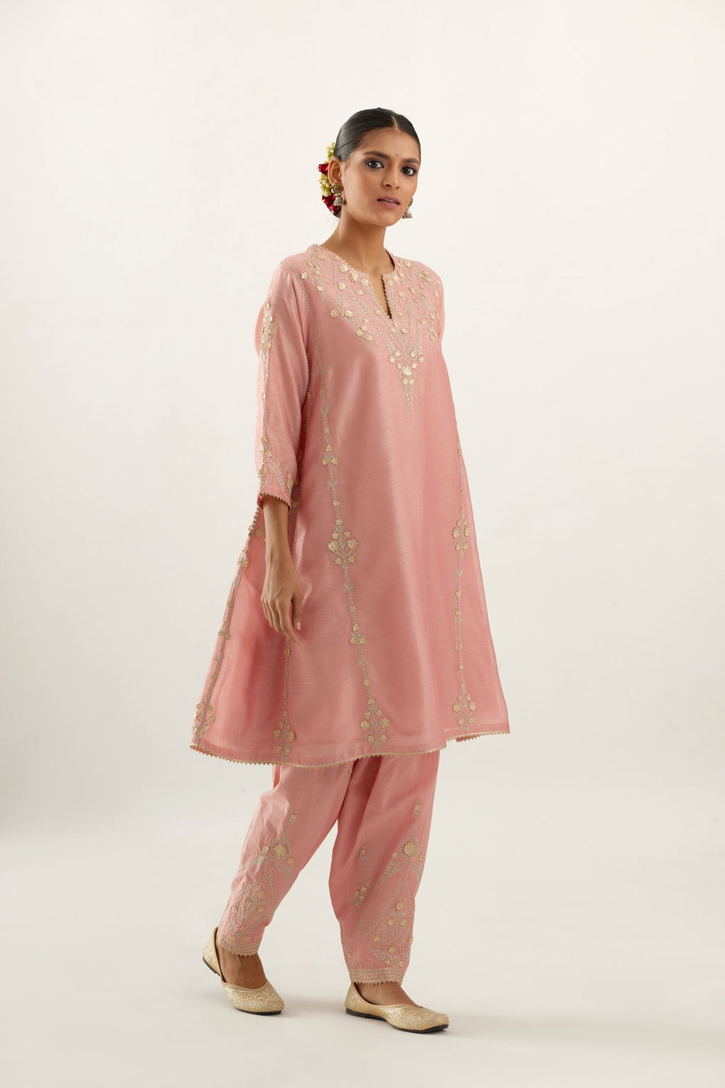 Pink gold gota and zari embroidered easy fit short kalidar kurta set