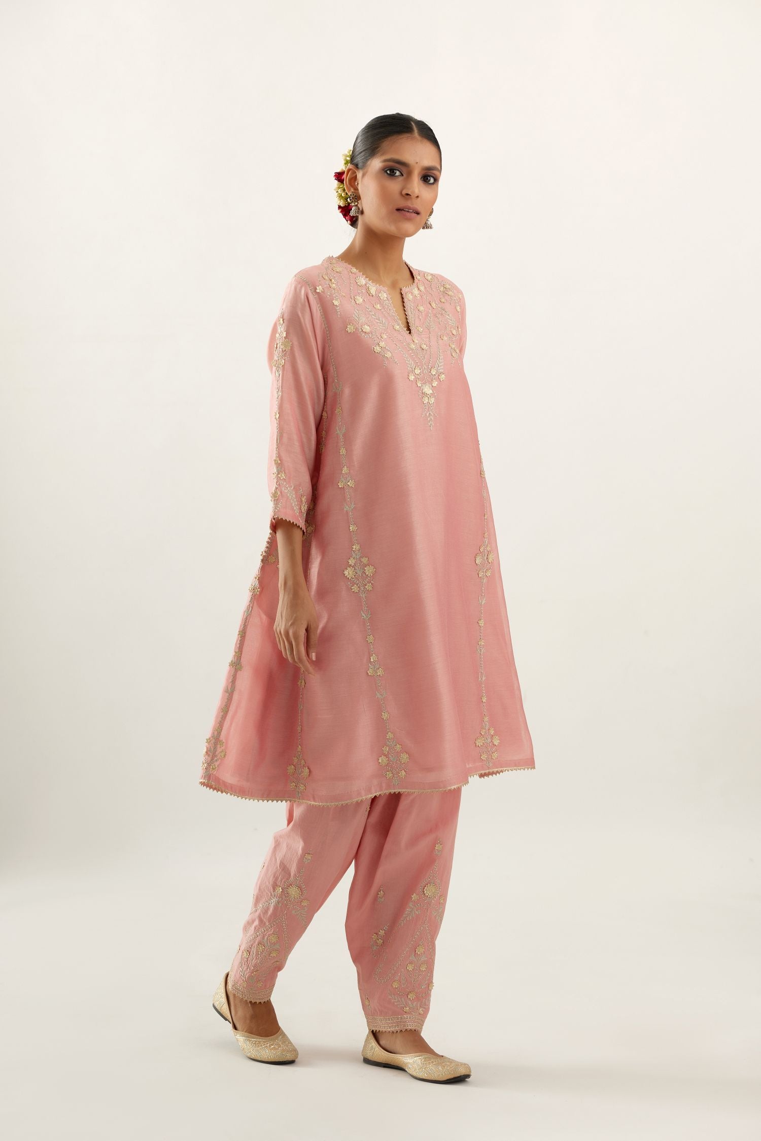 Pink gold gota and zari embroidered easy fit short kalidar kurta set