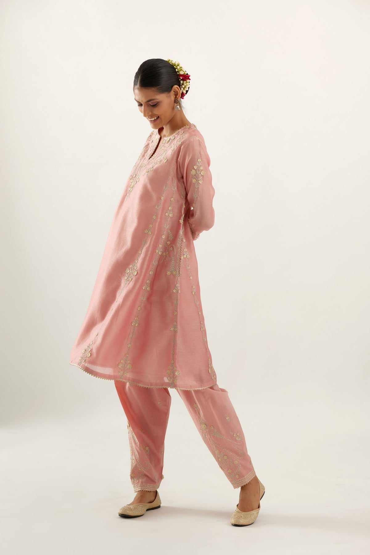 Pink gold gota and zari embroidered easy fit short kalidar kurta set