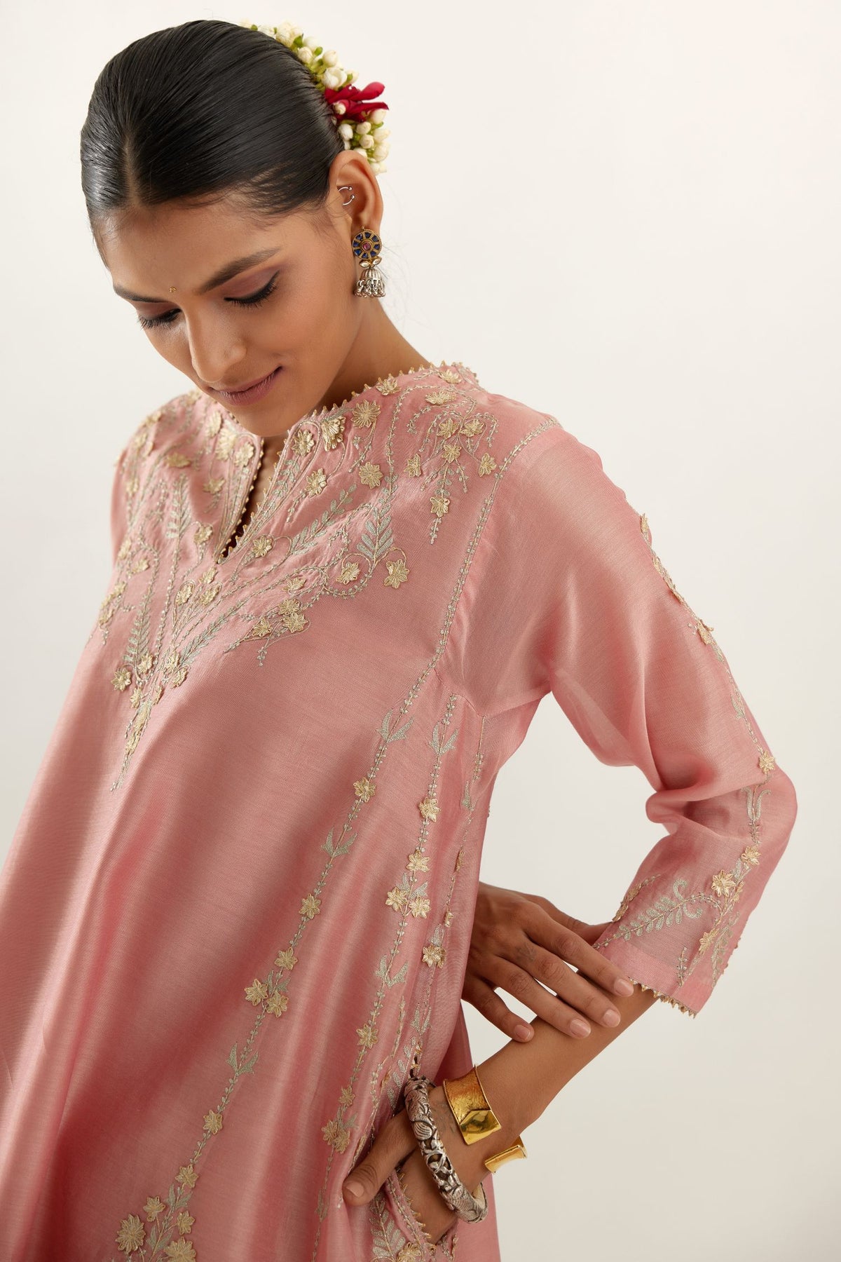 Pink gold gota and zari embroidered easy fit short kalidar kurta set