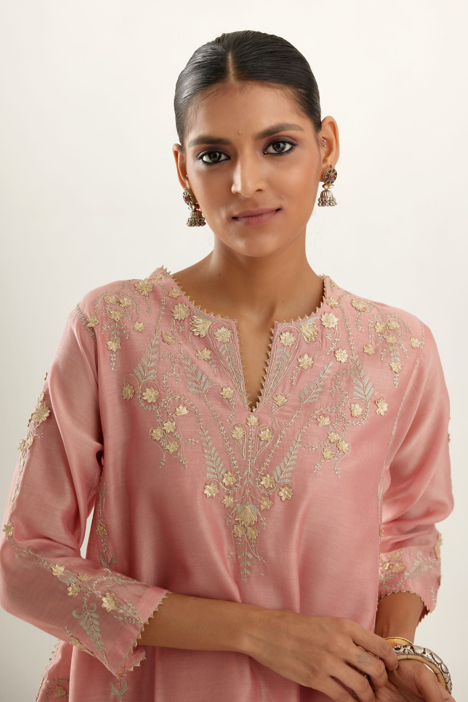 Pink gold gota and zari embroidered easy fit short kalidar kurta set