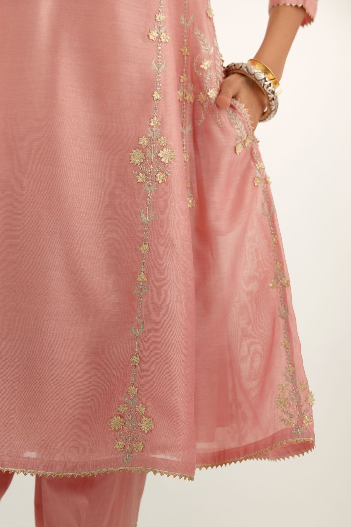 Pink gold gota and zari embroidered easy fit short kalidar kurta set