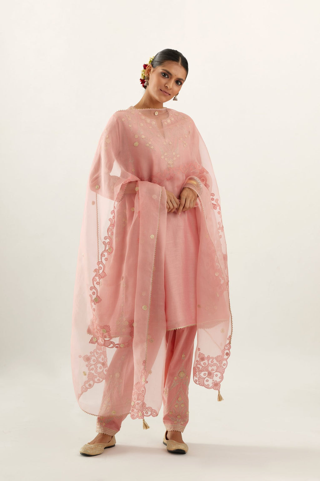 Pink organza dupatta with silk chanderi appliqué embroidery and gota flower detail.