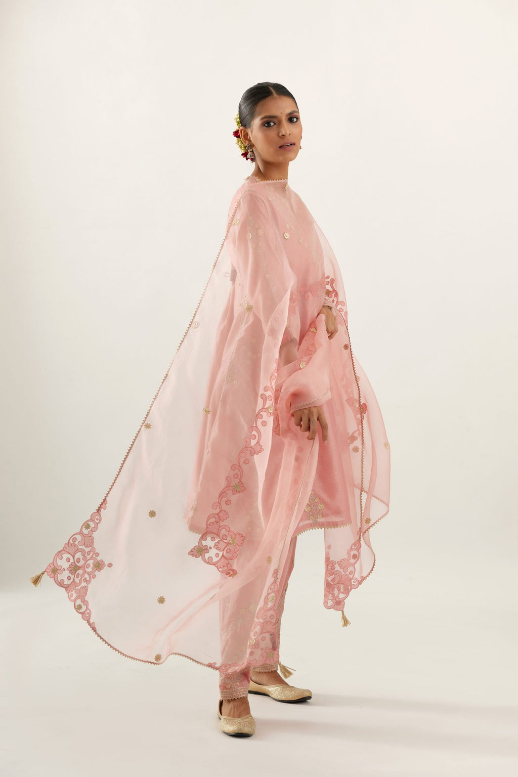 Pink organza dupatta with silk chanderi appliqué embroidery and gota flower detail.