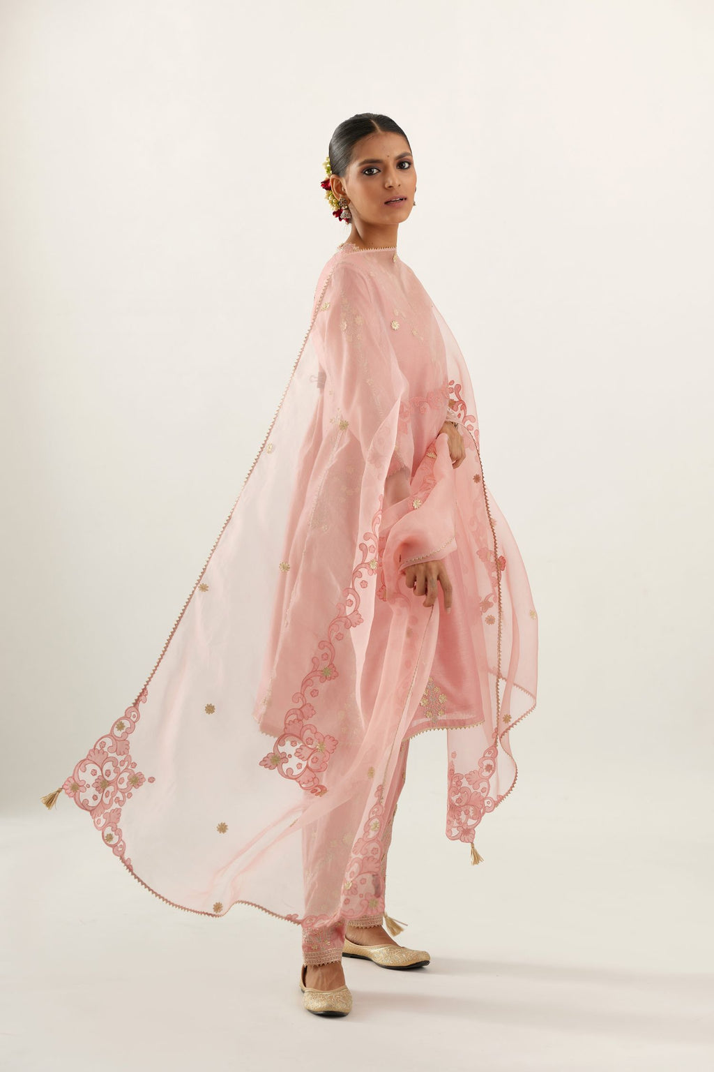 Pink gold gota and zari embroidered easy fit short kalidar kurta set