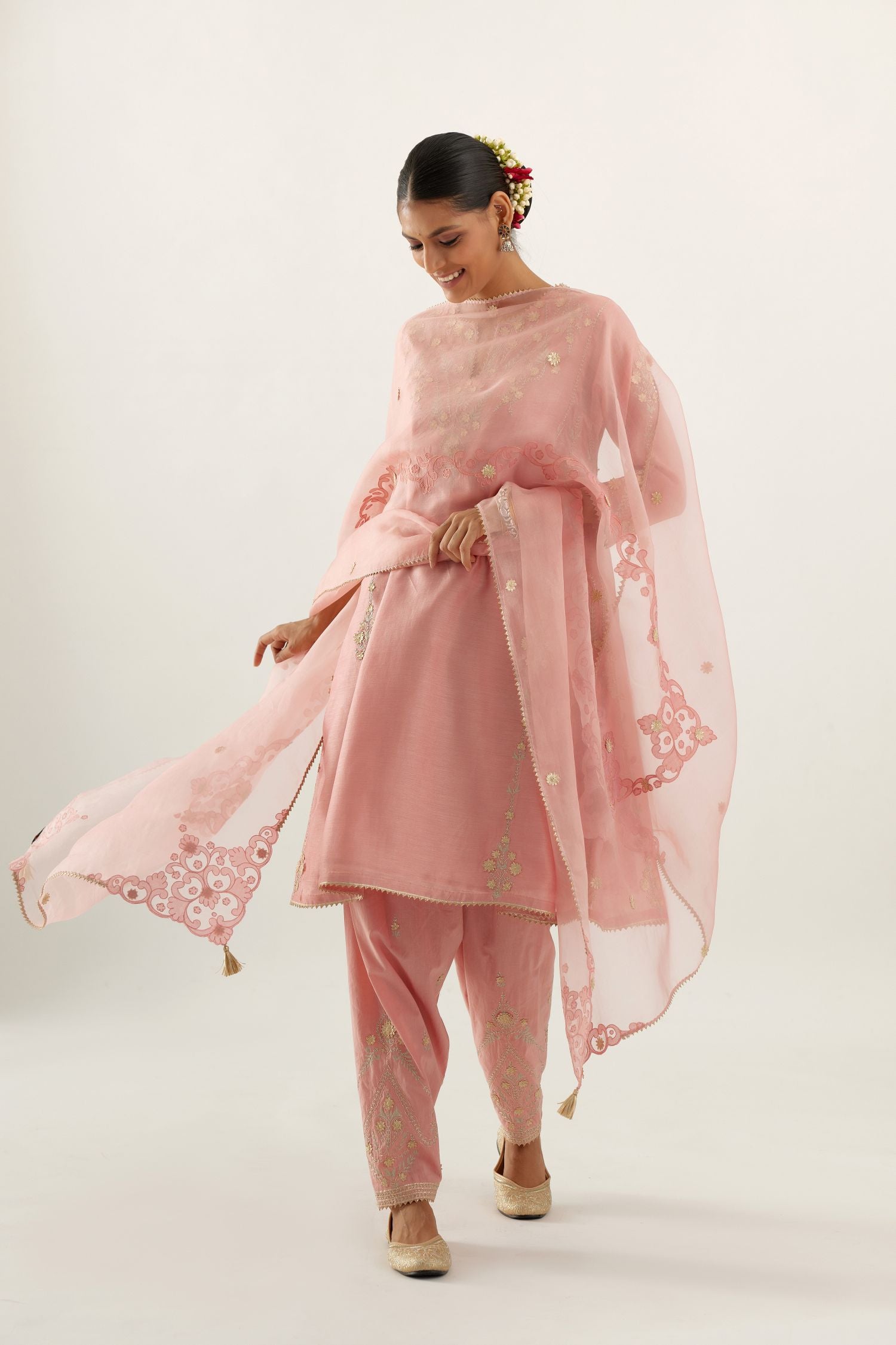 Pink organza dupatta with silk chanderi appliqué embroidery and gota flower detail.