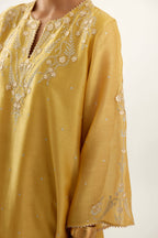 Yellow silk chanderi A-line kurta set, highlighted with gold gota flowers and zari embroidery