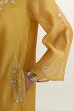 Yellow silk chanderi A-line kurta set, highlighted with gold gota flowers and zari embroidery