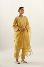 Yellow organza dupatta with silk chanderi appliqué embroidery and gota flower detail.