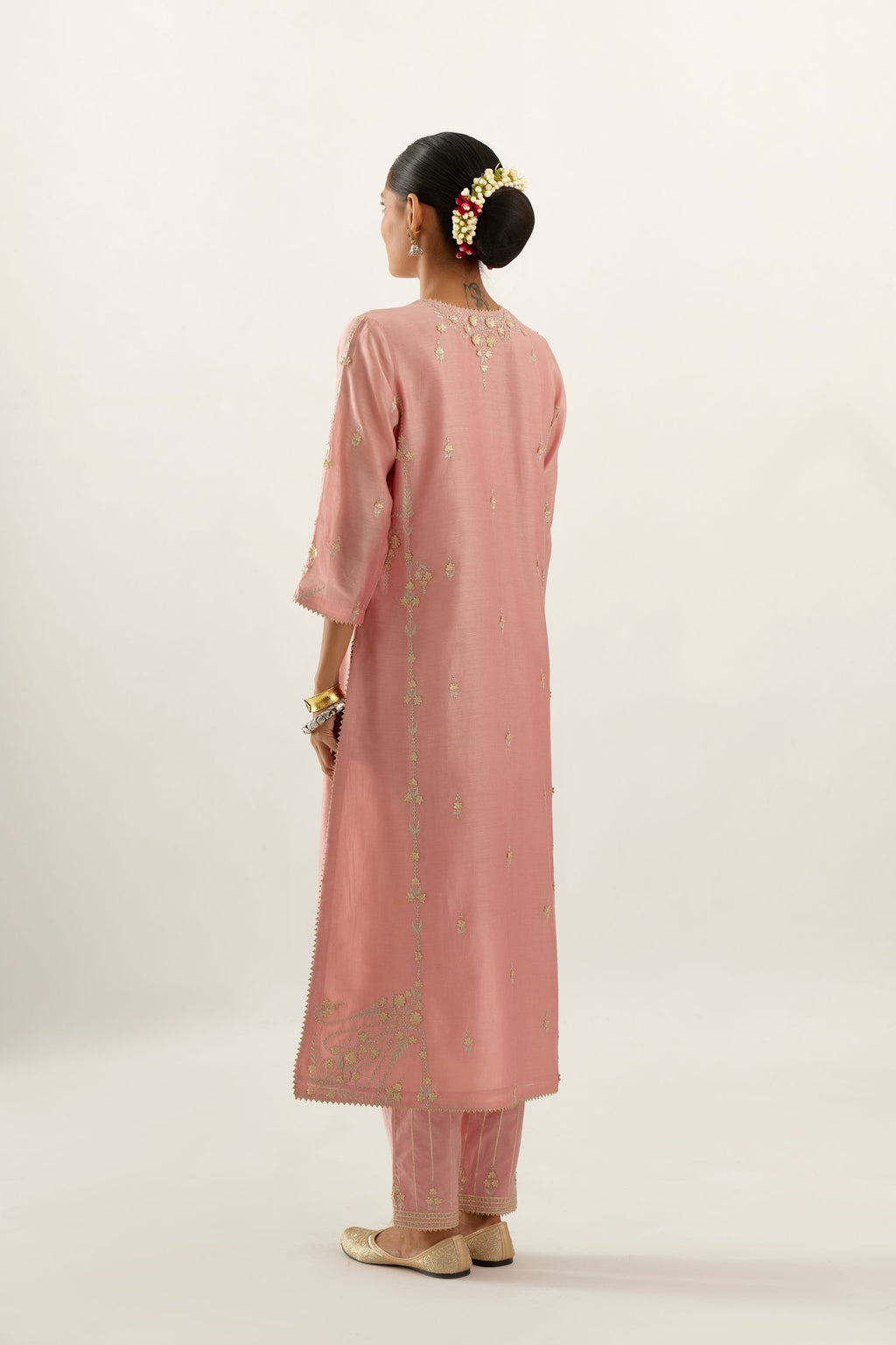 Pink silk chanderi straight kurta set with button placket neckline, highlighted with all-over gold gota and zari embroidery.