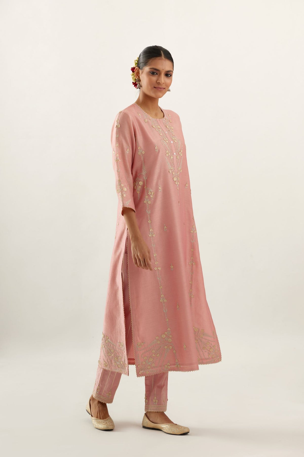 Pink silk chanderi straight kurta set with button placket neckline, highlighted with all-over gold gota and zari embroidery.
