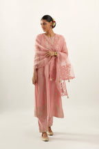 Pink organza dupatta with heavy silk chanderi appliqué embroidery and gota flower detail.