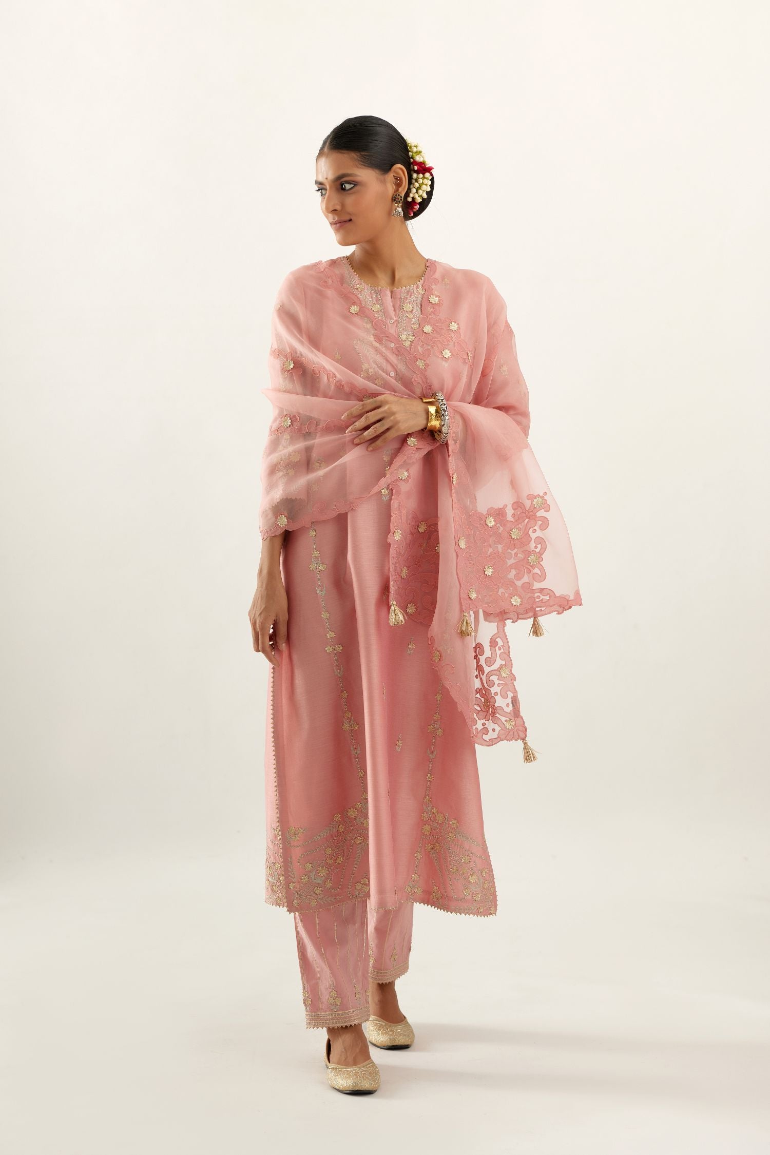 Pink organza dupatta with heavy silk chanderi appliqué embroidery and gota flower detail.