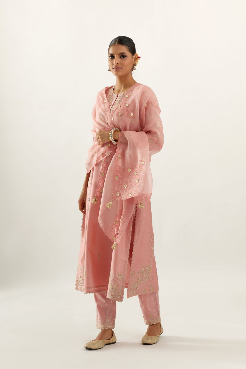 Pink silk chanderi straight kurta set with button placket neckline, highlighted with all-over gold gota and zari embroidery.