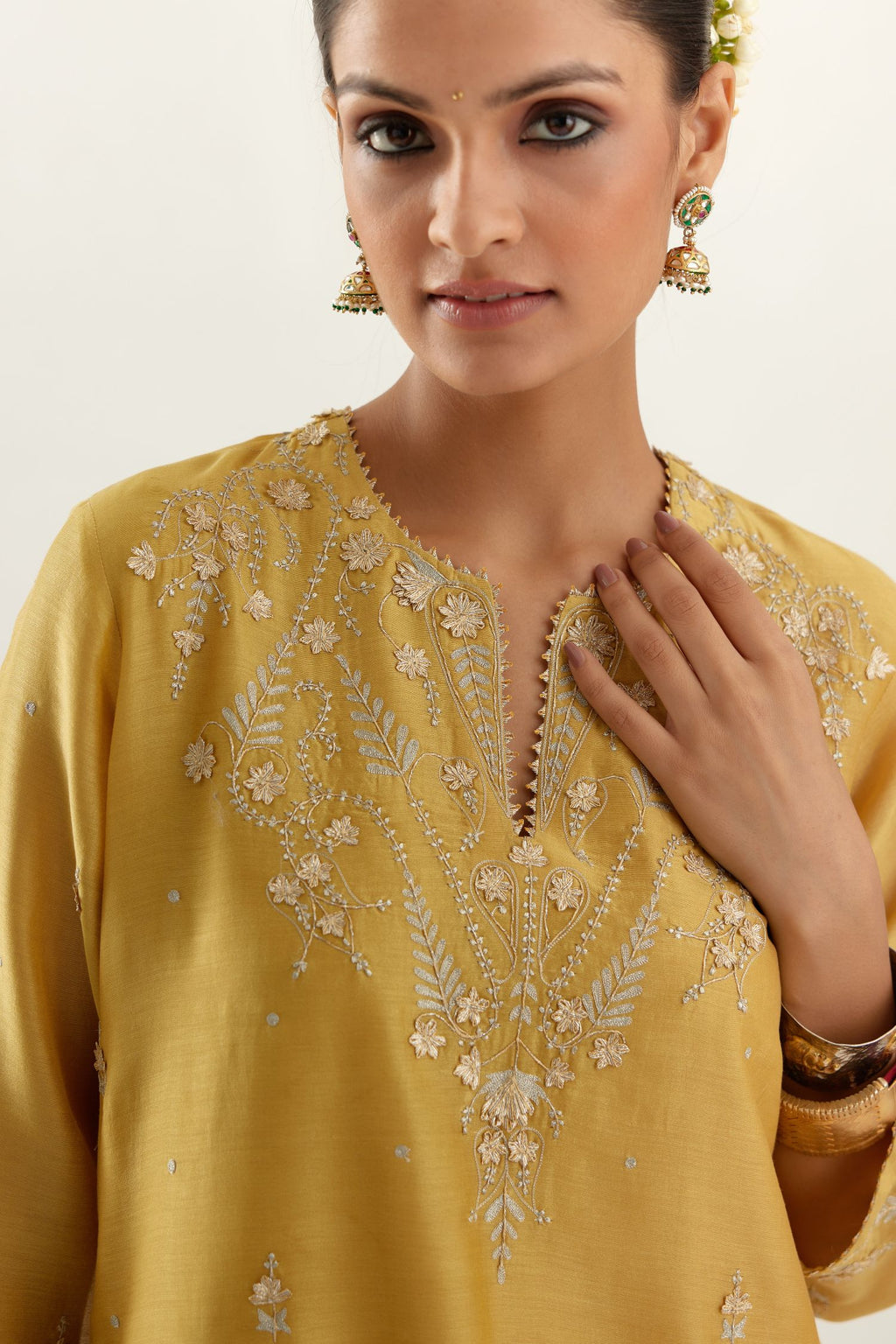 Silk chanderi straight kurta set with all-over gota and zari embroidery