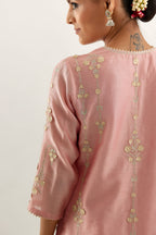 Pink silk chanderi straight kurta set, highlighted with gold zari and gota embroidery.