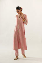 Pink silk chanderi straight kurta set, highlighted with gold zari and gota embroidery.