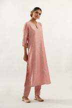 Pink silk chanderi straight kurta set, highlighted with gold zari and gota embroidery.