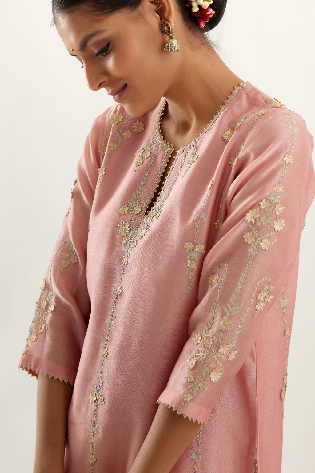 Pink silk chanderi straight kurta set, highlighted with gold zari and gota embroidery.