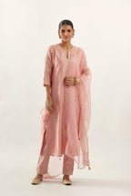 Pink organza dupatta with silk chanderi appliqué embroidery and gota flower detail.