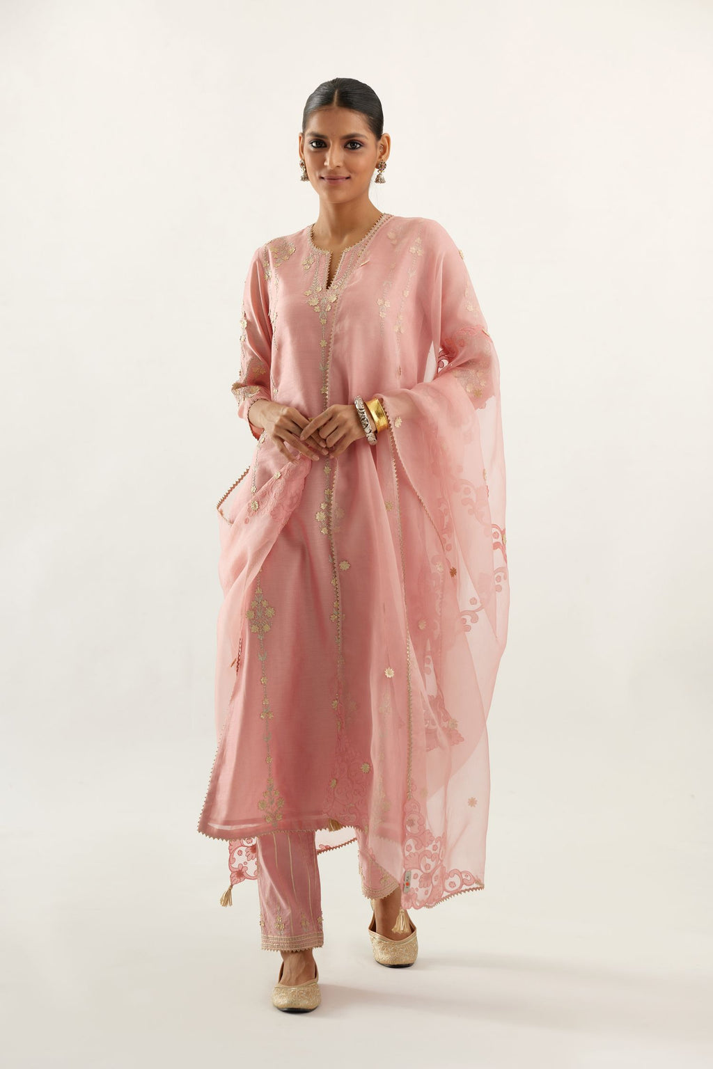 Pink silk chanderi straight kurta set, highlighted with gold zari and gota embroidery.