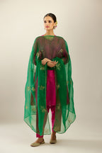 Silk hand crushed short kalidar kurta set with button placket, highlighted with gold sequins and embroidered scalloped organza at edges.