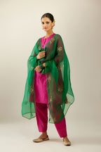 Silk hand crushed short kalidar kurta set with button placket, highlighted with gold sequins and embroidered scalloped organza at edges.