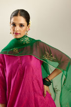Silk hand crushed short kalidar kurta set with button placket, highlighted with gold sequins and embroidered scalloped organza at edges.