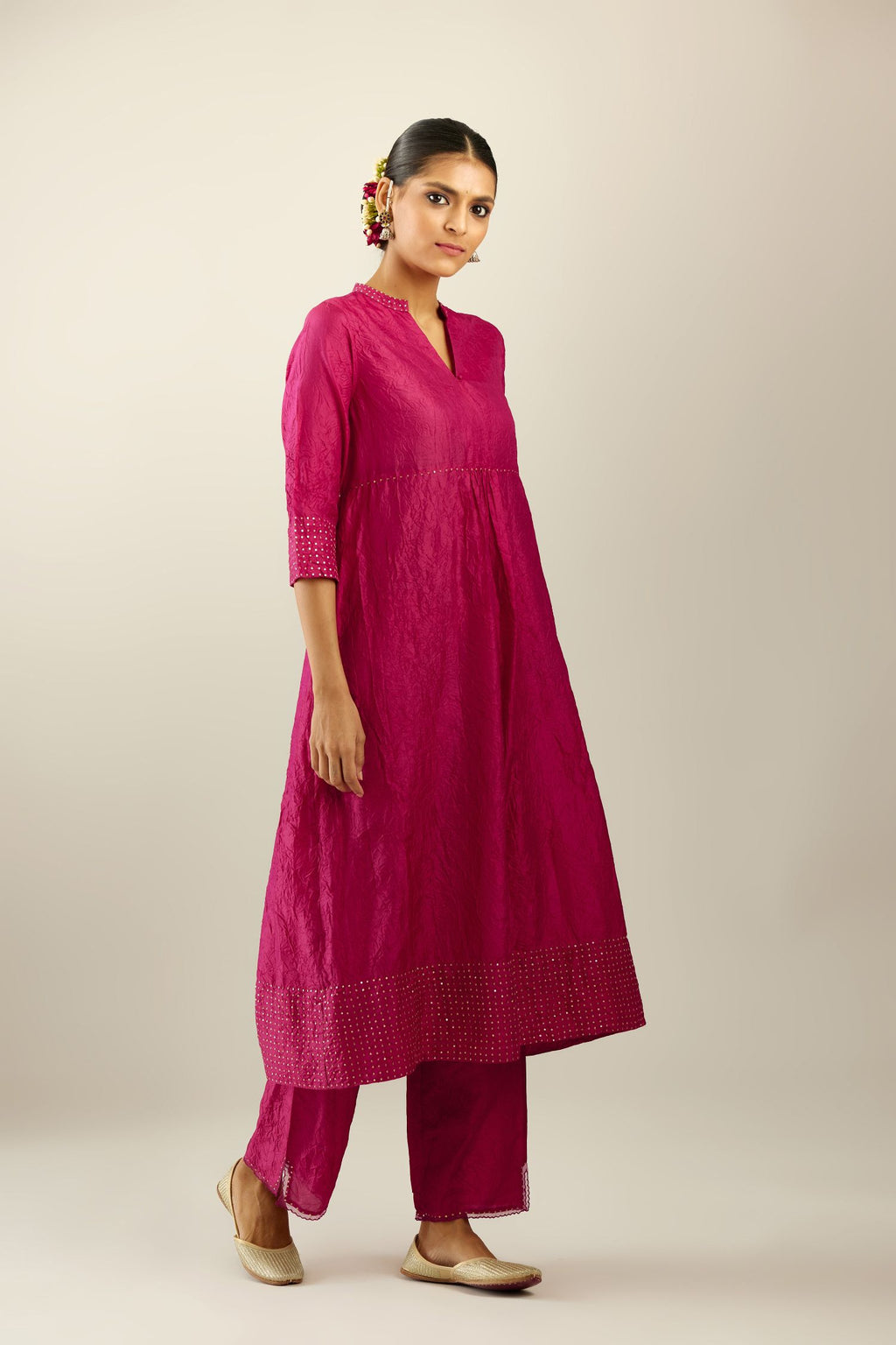Jazzberry jam silk hand crushed kurta set, highlighted with sequins.