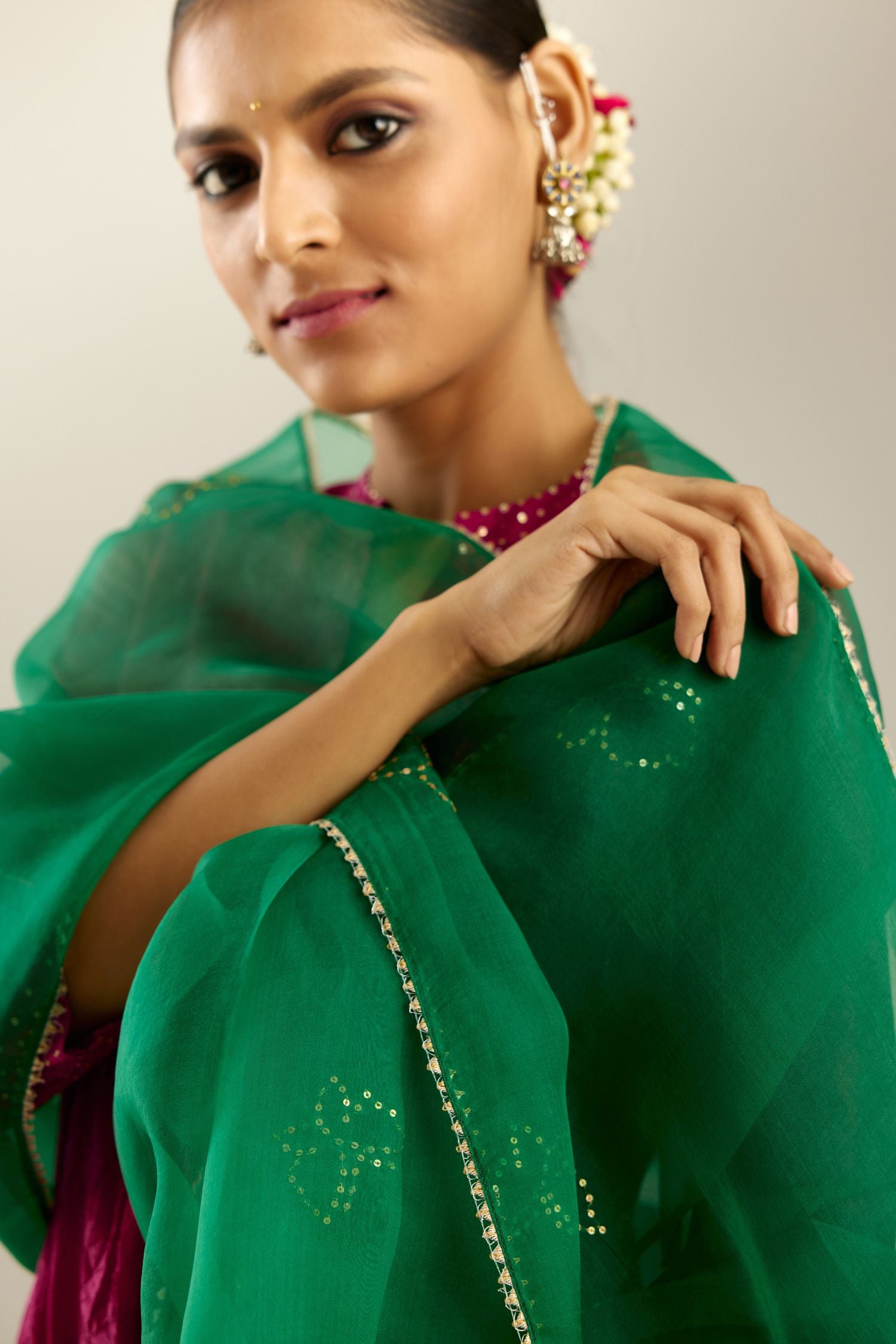 Jazzberry jam silk hand crushed kurta set, highlighted with sequins.