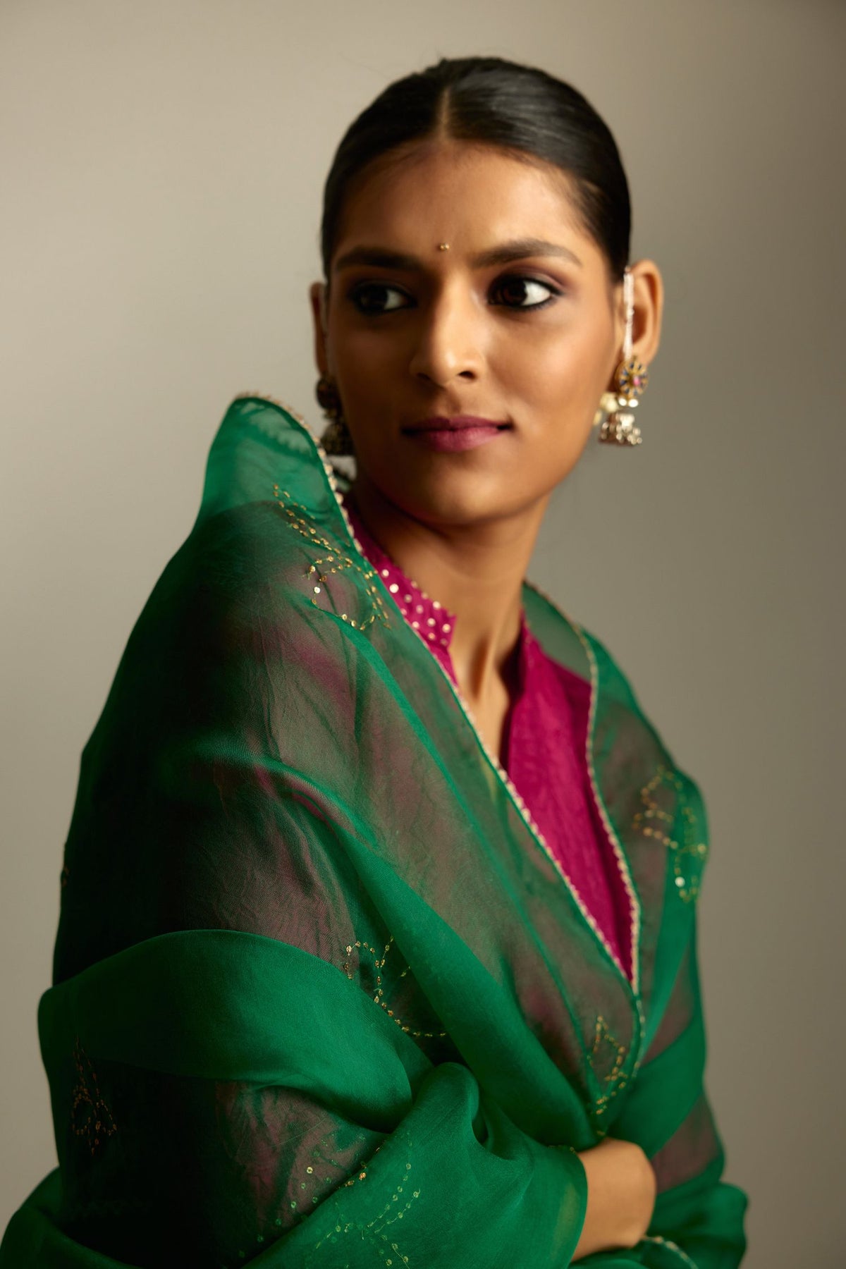 Jazzberry jam silk hand crushed kurta set, highlighted with sequins.